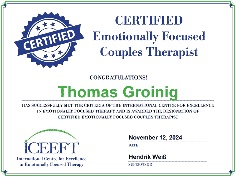 Thomas Groinig - Zertifizierung zur Paarberatung durch die WKO Thomas Groinig - Emotionsfokussierte Paartherapie